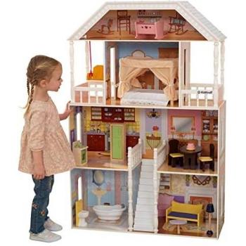 KidKraft- Savannah Casa de muñecas de madera con muebles y accesorios incluidos, 4 pisos, para muñecas de 30 cm , Color Blanco