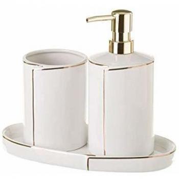 Set de Accesorios para Baño en Cerámica Blanco y Dorado con Dispensador de Jabón y Jabonera