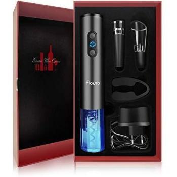 Flauno Sacacorchos Eléctrico Inalámbrico, Profesional Automatico Abrelatas de Vino, Abridor Botellas con Cortador de Papel, Vertedor, Tapón de Vino Silicona de Vacío, Caja de Regalo