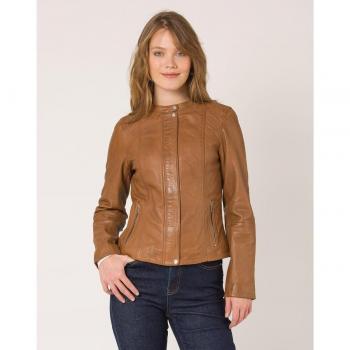 Cazadora Naf Naf de Piel Entallada para Mujer con Cuello Mao en Color Cognac