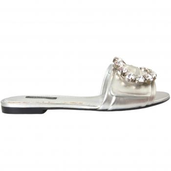 Dolce & Gabbana Silver Crystal Leather Flat Sandals