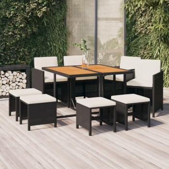 Set de comedor de jardín 9 piezas con cojines de ratán sintético negro