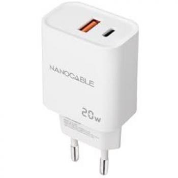 Cargador de Pared Nanocable 20W USB-C/PD y USB-A/QC, Doble Puerto, Rápido, Blanco
