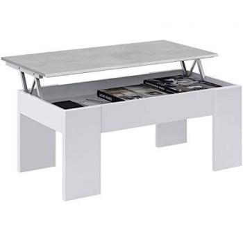 Mesa de Centro Elevable, Mesita de Salón o Comedor, Modelo LC, Acabado en Color Blanco Artik y Cemento, Medidas: 100 cm