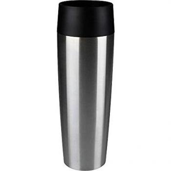 Emsa Travel Mug - Taza térmica de 0,5 l, mantiene calor 4 h y frío 8 h, acero inoxidable con base antideslizante y zona de agarre de silicona con letras grabadas, color gris
