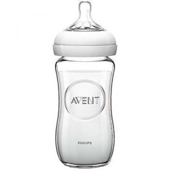 Philips Avent Natural - Biberón de Cristal Resistente, 240 ml con Tetina de Flujo Lento para +1 Mes