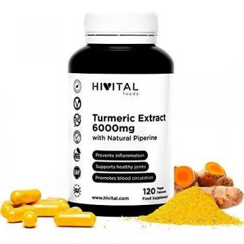 Cúrcuma 6000 mg, Extracto al 95% con Pimienta Negra | 120 cápsulas vegetales | Para mejorar la circulación sanguínea, la salud cardiovascular, combatir la inflamación y el dolor de las articulaciones.