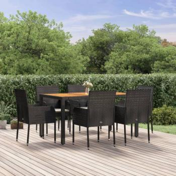 7-Piece Black Poly Rattan Garden Dining Set with Cushions