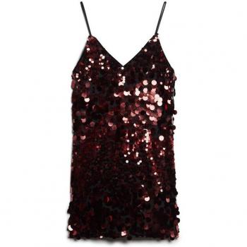 Minivestido sin mangas de lentejuelas rojas Disco para mujer Superdry, Casual y Fiesta, Poliéster, Talla L