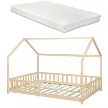 Cama Infantil Hesel en Forma de Casa con Reja y Colchón de Espuma 120x200cm - Natural