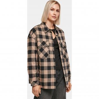 Urban Classics Ladies Flannel Padded Overshirt in Black/Soft Taupe
