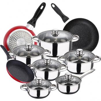 Batería de Cocina San Ignacio 12 Piezas en Acero Inoxidable con Juego de Sartenes Red-Marble