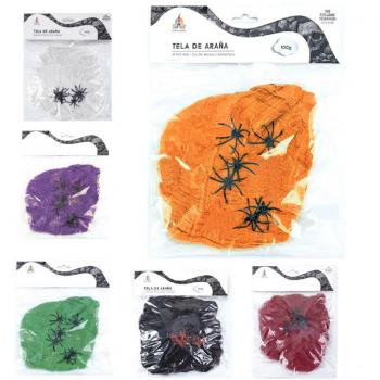 Telaraña decorativa con arañas de 100 g en varios colores para Halloween y fiestas de terror