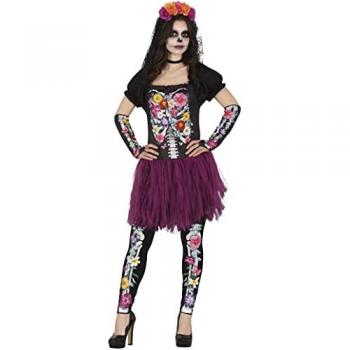 Disfraz de Catrina Floreada Púrpura para Mujer - Incluye vestido, manguitas y leggings - Talla 36-38 S - Ideal para Halloween y Día de Muertos