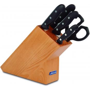 Set de 5 Piezas Arcos Maitre - Incluye 4 Cuchillos de Cocina y Tijeras, Acero Inoxidable NITRUM, Mango de Polipropileno, Presentación en Bloque de Madera Marrón