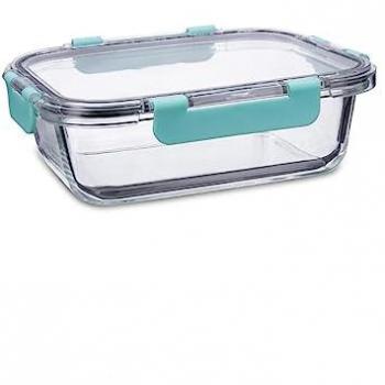 Recipiente Hermético de Vidrio Quid Purity 20,7x15,4x7CM - 104CL Transparente con Tapa de 4 Cierres Herméticos, Diseño Extra Plano y Bicolor, Ecol