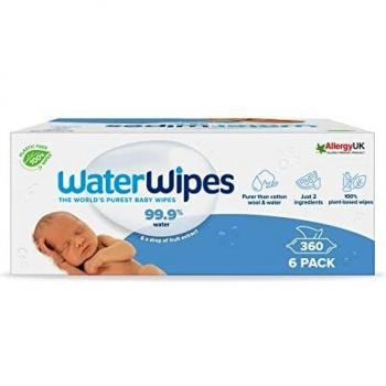 Toallitas Húmedas Originales WaterWipes Sin Plástico para Bebés - 360 Unidades, 99.9% Agua, Sin Fragancia, Para Piel Sensible