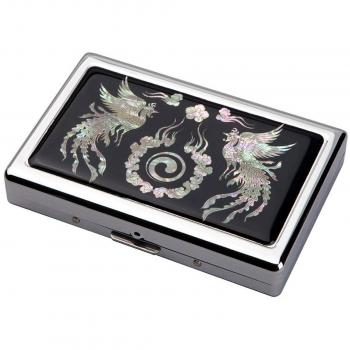Pitillera Estuche de Madreperla Nácar Diseño de Fénix Doble para 16 Cigarrillos Largos 100S Grabado de Metal Protección Tarjeta de Crédito y Billetes de Euro