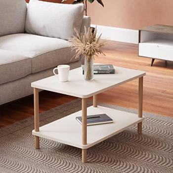 Mesa de Centro Rectangular Jelling con Estante Aglomerado/Madera Haya 43 x 70 x 44 cm Blanco