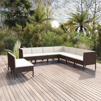 9-Piece Brown Poly Rattan Garden Lounge Set with Cushions