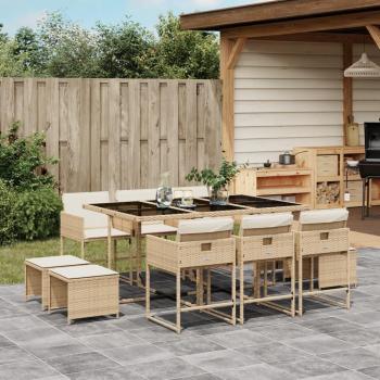 11-Piece Beige Poly Rattan Garden Dining Set with Cushions
