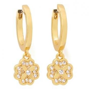 Gold Tone Crystal Pave Flower Charm Huggie Hoop Earrings