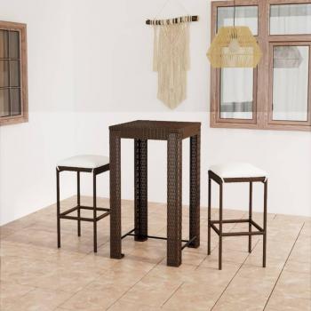 3-Piece Brown Synthetic Rattan Garden Bar Set with Cushions