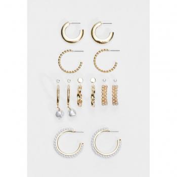 Gold Pearl Bead and Hoop Earring Set - 9 Pairs