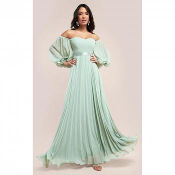 Goddiva Bardot Chiffon Pleated Maxi Dress - Sage Green