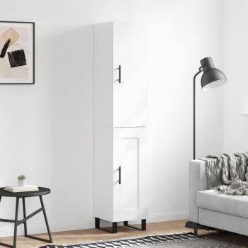 Aparador alto de madera contrachapada blanco brillo 34,5x34x180 cm con 1 puerta de madera, mueble de almacenaje para salón, buffet y armario auxiliar