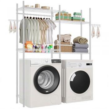 Estante para Lavadora/Secadora 4 Niveles con Barra y Ganchos, Estantes Ajustables, Ahorro de Espacio para Lavandería y Baño - Vevor