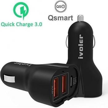 iVoler Quick Charge 3.0 Type C 48W 3 Puertos USB Cargador de Coche [5V/3A Type C Puerto con QC 3.0+QC 3.0 Puerto+Qsmart Port] para Samsung Galaxy S7/S7 Edge/S6, Google Pixel / XL, Asus Zenfone 3, iPhone, iPad, y más