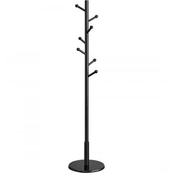Perchero de Pie en Forma de Árbol Color Negro con Base Redonda, 7 Ganchos para Abrigos, Ropa y Accesorios, Ideal para Pasillo y Dormitorio, Madera