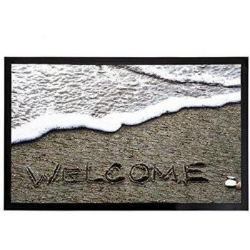 Felpudo original gris-blanco Welcome playa de poliester / pvc moderno. 75 x 45 cm