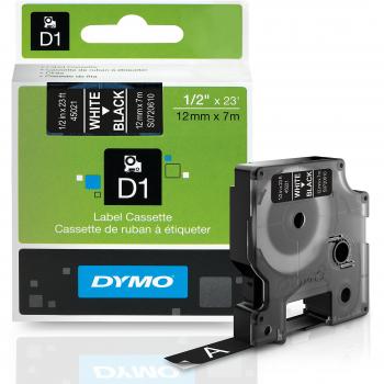 D1 Standard Tape Cartridge for Dymo Label Makers, 1/2in x 23ft, White on Black
