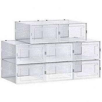 SONGMICS Cajas de zapatos, paquete de 12 organizadores apilables de almacenamiento de zapatos, plegables y versátiles para zapatillas de deporte, apto hasta la talla 9, transparente y blanco LSP12SWT