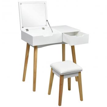 Tocador de Maquillaje con Espejo Hermético y Taburete, Cajón para Dormitorio y Baño, Color Blanco, Dimensiones 74 x 40 x 115 cm