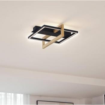 Plafón LED Lindby Holamu, 40 cm, madera y aluminio negro
