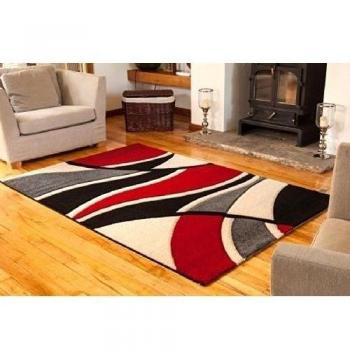 Alfombra de área, elegante, suave, efecto de ondas, roja, negra y blanca - 180 cm x 270 cm