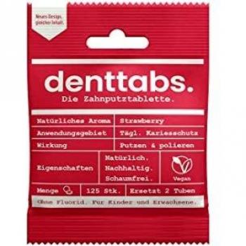 Denttabs Comprimidos para Cepillado de Dientes Sin Flúor Sabor Fresa, 125 unidades