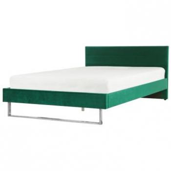 Cama Doble Tapizada en Terciopelo Verde 160 x 200 cm con Cabecero y Patas Doradas Estilo Glam Bellou