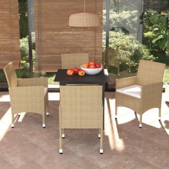 5-Piece Beige Poly Rattan Garden Dining Set with Cushions