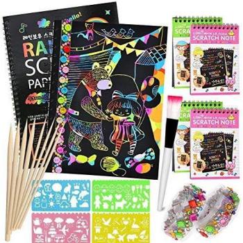 AYUQI Scratch Art Paper Notebook, Manualidades para niños, scratch art para niños, juego manualidades, plantillas para dibujar niños, DIY Kit con Regla de Dibujo y Plumas de Madera