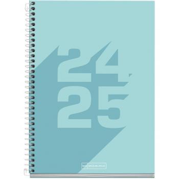 Agenda escolar Miquelrius Plus 2024-2025, tamaño 150x213 mm, formato día página, color azul, con contenido en castellano e inglés