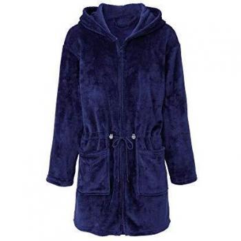 CelinaTex Famous Albornoz Capucha Uni Corto Bolsillos de Parche Cremallera de Dos vías Señoras Micro Franela XS Azul Oscuro