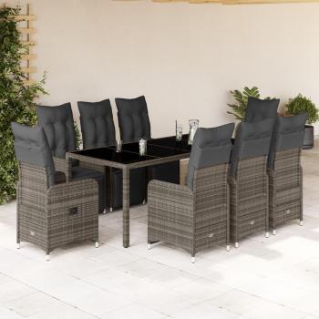 Conjunto de Jardín 9 Piezas con Cojines de Polyrattan Gris