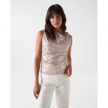 Top de mujer brillante sin mangas con detalle de lurex en color beige