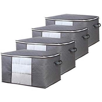 GoMaihe Cajas Almacenaje Ropa 4 Piezas, Contenedor de Almacenamiento Debajo de la Cama no Tejido de Gran Capacidad, 60x40x35cm Bolsa de Deporte con Cadena con Lengüeta, Edredón de Edredón, Manta, Gris