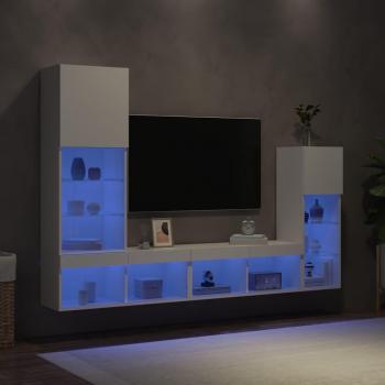 Mueble de TV a Pared 4 Piezas con LED en Blanco, Madera Ingenierizada