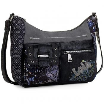 Lois - Bolso Bandolera Ajustable Tipo Góndola. Cierre con Cremallera. Llavero. Lona y Piel Sintética Polipiel 96156, Color Negro